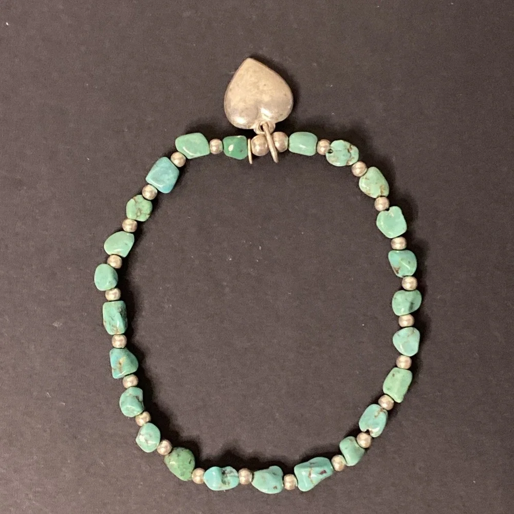 Vtg Turquoise & Sterling Silver Bead Stretch Bracelet W/ 925 Italy Heart Charm